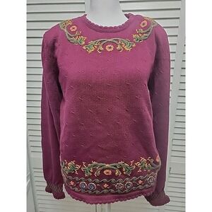 Vtg Charter Club Jane Justin SZ L 100% Cotton Sweater Purple Maroon Embroidered